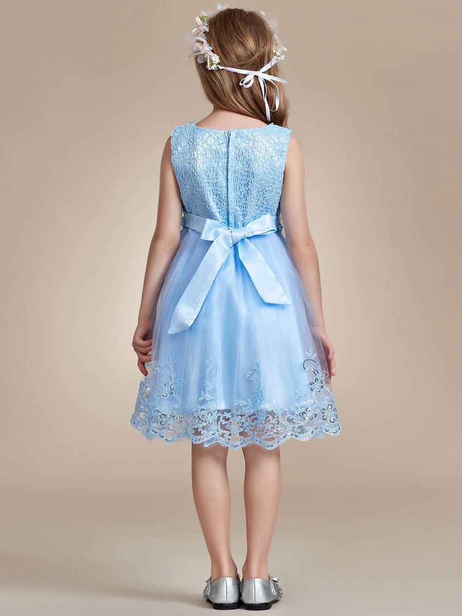 Beaded Lace Applique Sleeveless Flower Girl Dress With Back Bow-Knot #color_Sky Blue