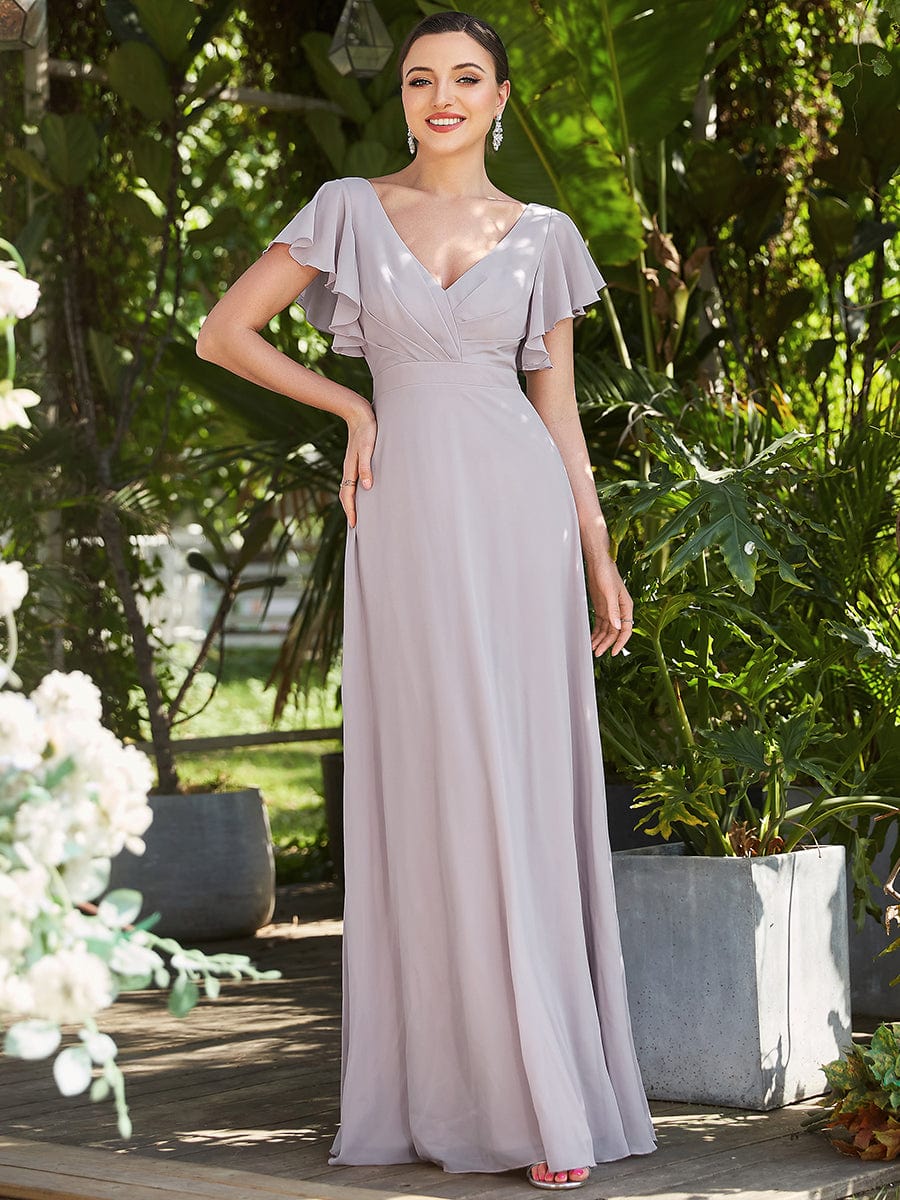 Short Ruffle Sleeve V-Neck Pleated Chiffon A-Line Evening Dress #color_Lilac 
