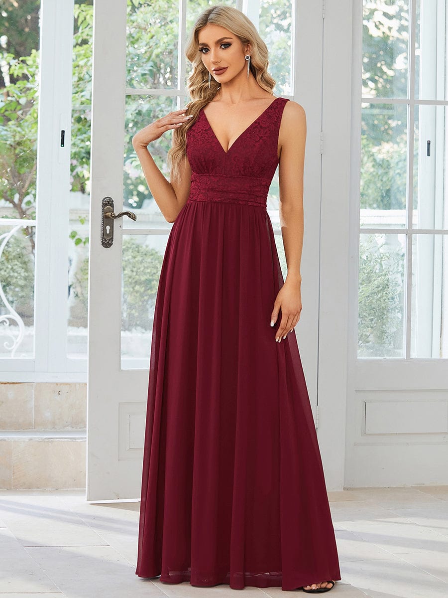 Lace Empire Waist V-Back Sleeveless Chiffon Evening Dress #color_Burgundy