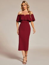 Off The Shoulder Bodycon Tea Length Wedding Guest Dress #color_Burgundy