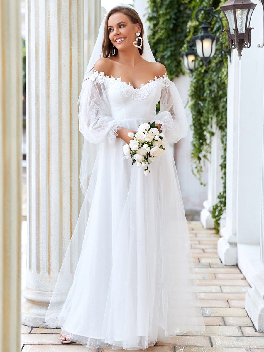 Sheer Lantern Sleeve Off the Shoulder Wedding Dress #color_Cream Sheer Lantern Sleeve Off the Shoulder Wedding Dress