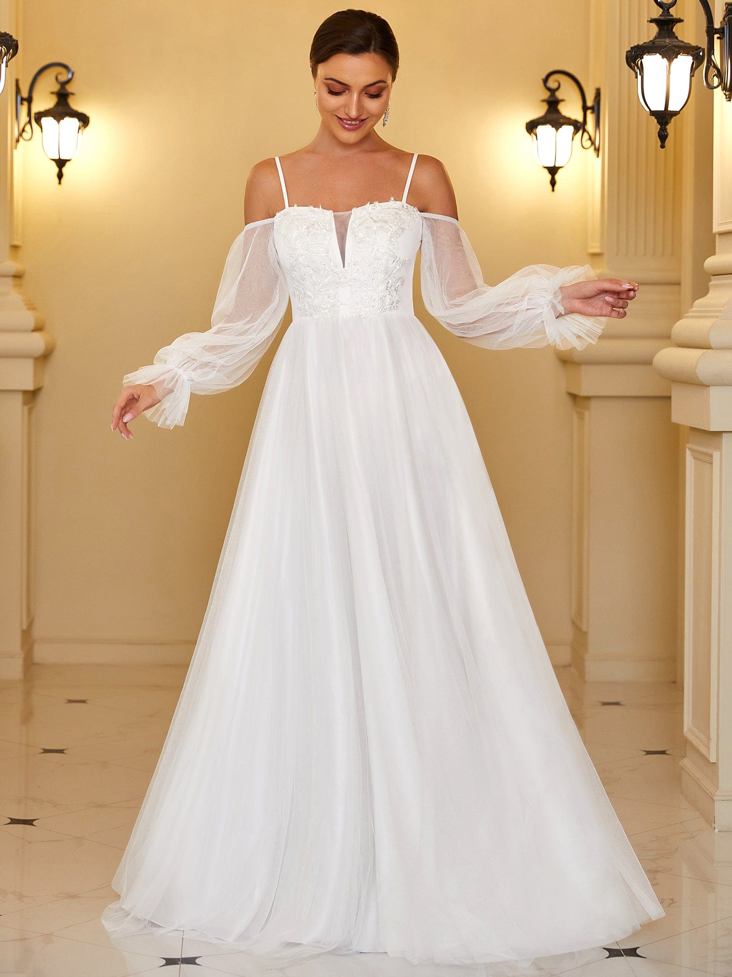 Boho Chic Cold Shoulder Lantern Sleeve Wedding Dress #color_Cream Boho Chic Cold Shoulder Lantern Sleeve Wedding Dress