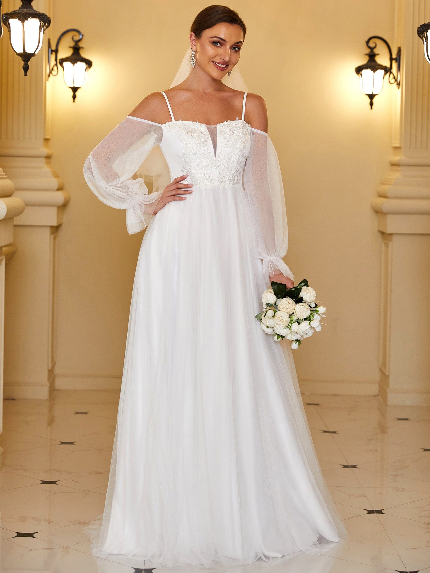 Boho Chic Cold Shoulder Lantern Sleeve Wedding Dress #color_Cream 