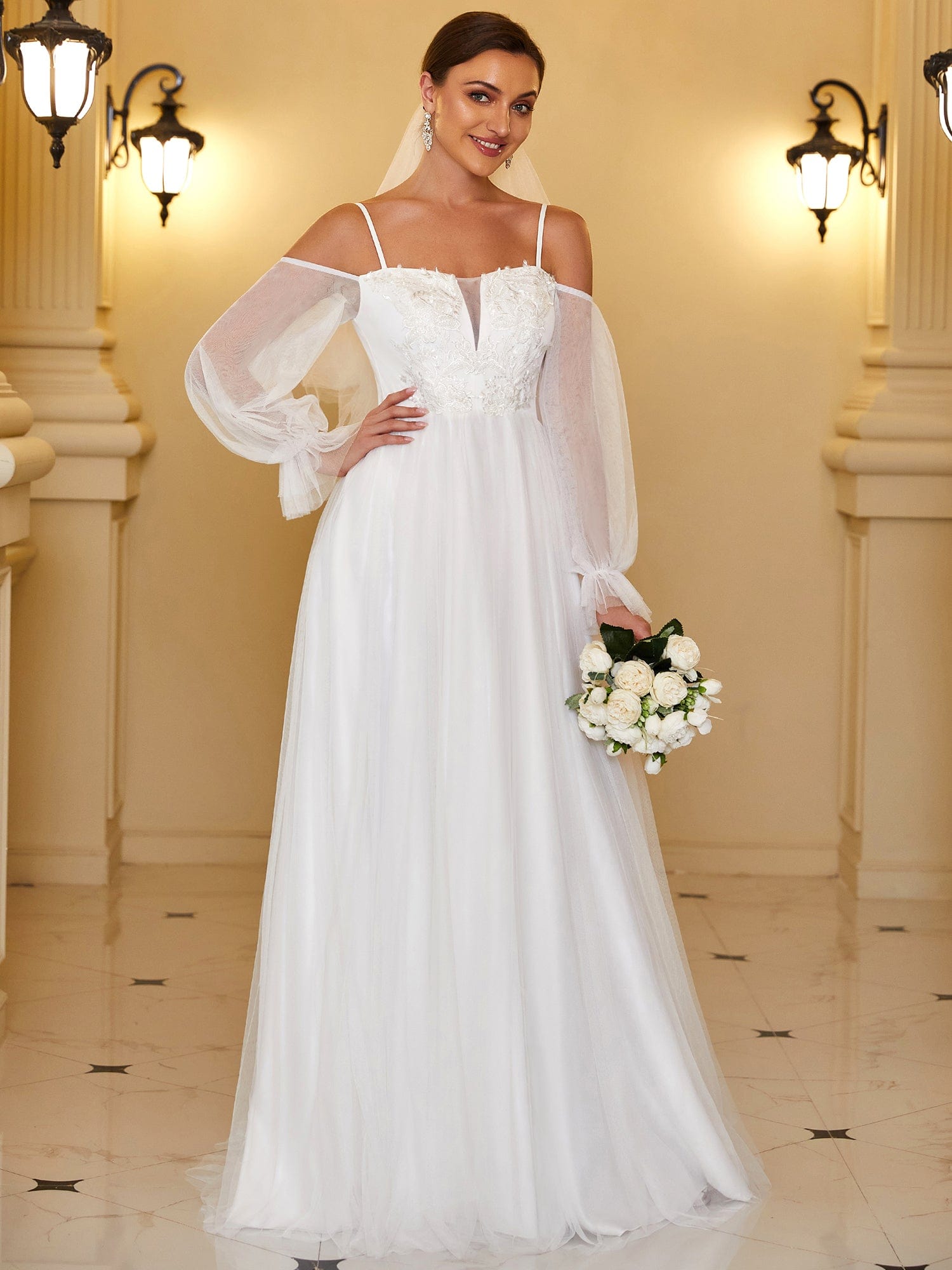 Boho Chic Cold Shoulder Lantern Sleeve Wedding Dress #color_Cream Boho Chic Cold Shoulder Lantern Sleeve Wedding Dress