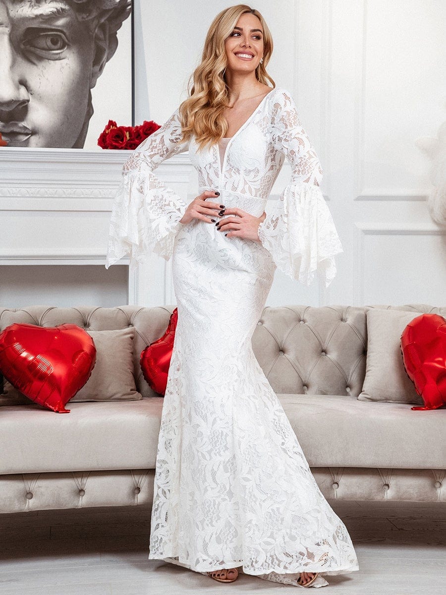 Fitted Bell Sleeve All-Over Lace Fishtail Wedding Dress, 60% OFF
