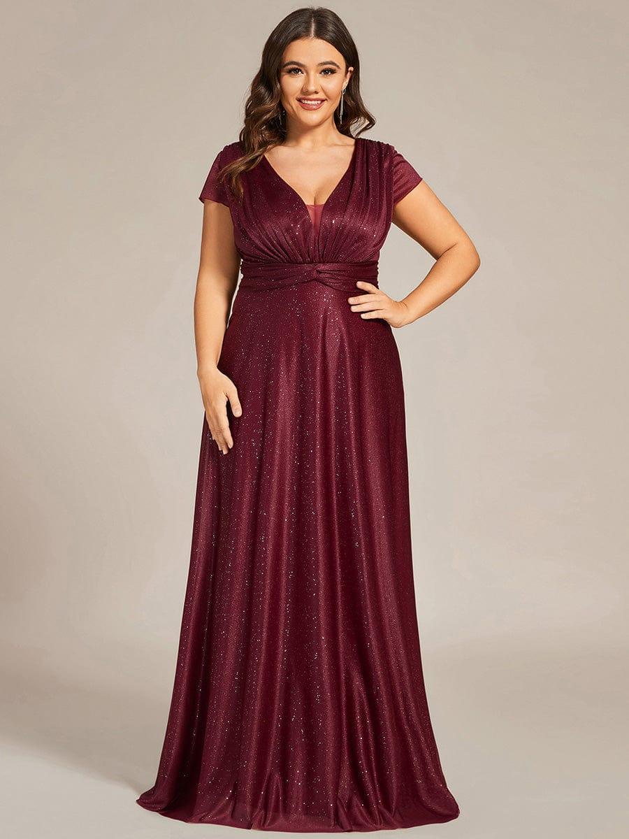Custom Size Plus Size Cap Sleeve V-neck A-line Mother of the Bride Dress #color_Burgundy Custom Size Cap Sleeve V-neck A-line Mother of the Bride Dress