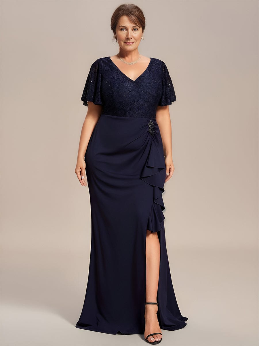 Plus Size Lotus Leaf Hemline Bodycon Lace Top Mother of the Bride Dress #color_Navy Blue Custom Size Lotus Leaf Hemline V-Neck Lace Top Mother of the Bride Dress