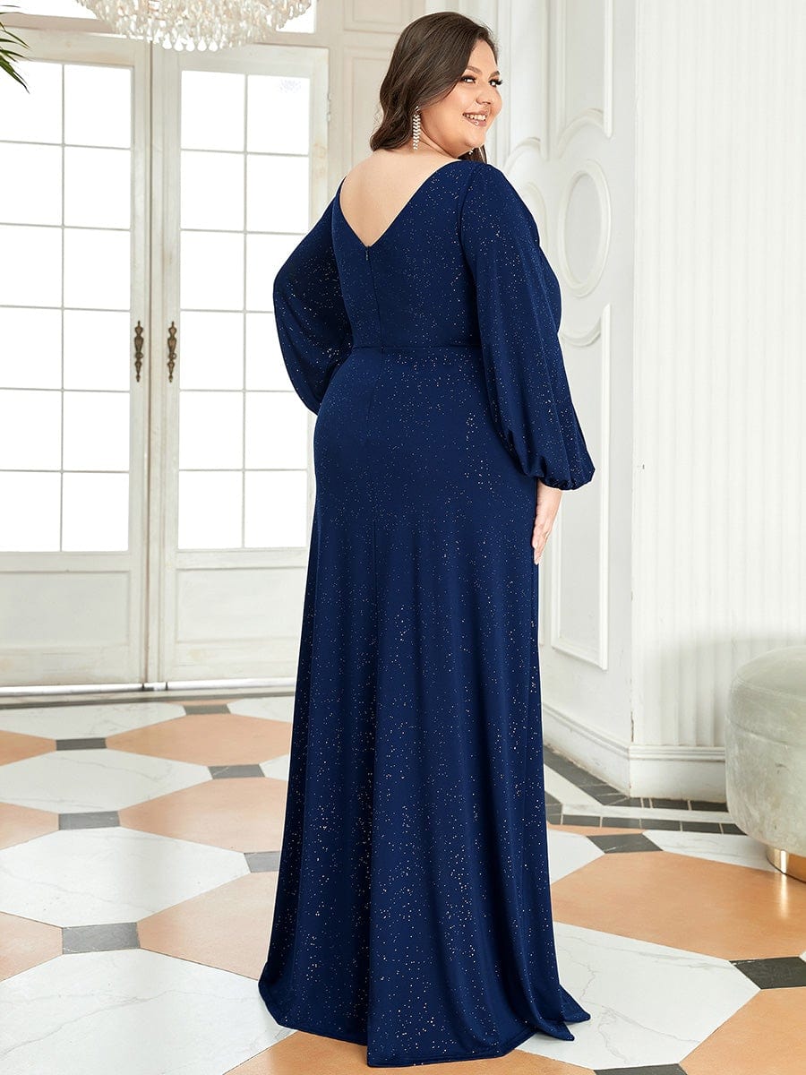 Plus Size Lantern Sleeve V-Neck Floor-Length Mother of the Bride Dress #color_Navy Blue Plus Size Lantern Sleeve V-Neck Floor-Length Mother of the Bride Dress