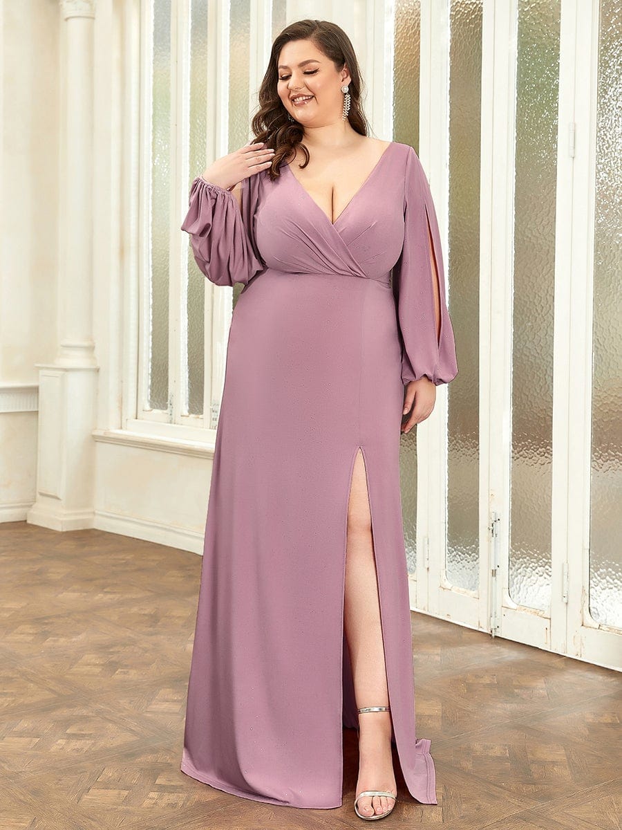Plus Size Lantern Sleeve V-Neck Floor-Length Mother of the Bride Dress #color_Navy Blue Plus Size Lantern Sleeve V-Neck Floor-Length Mother of the Bride Dress