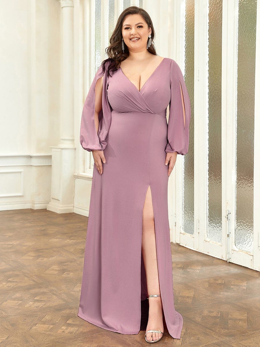 Plus Size Lantern Sleeve V-Neck Floor-Length Mother of the Bride Dress #color_Navy Blue Plus Size Lantern Sleeve V-Neck Floor-Length Mother of the Bride Dress