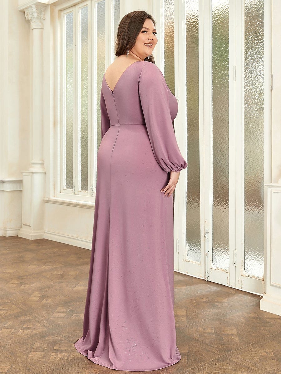 Plus Size Lantern Sleeve V-Neck Floor-Length Mother of the Bride Dress #color_Navy Blue Plus Size Lantern Sleeve V-Neck Floor-Length Mother of the Bride Dress