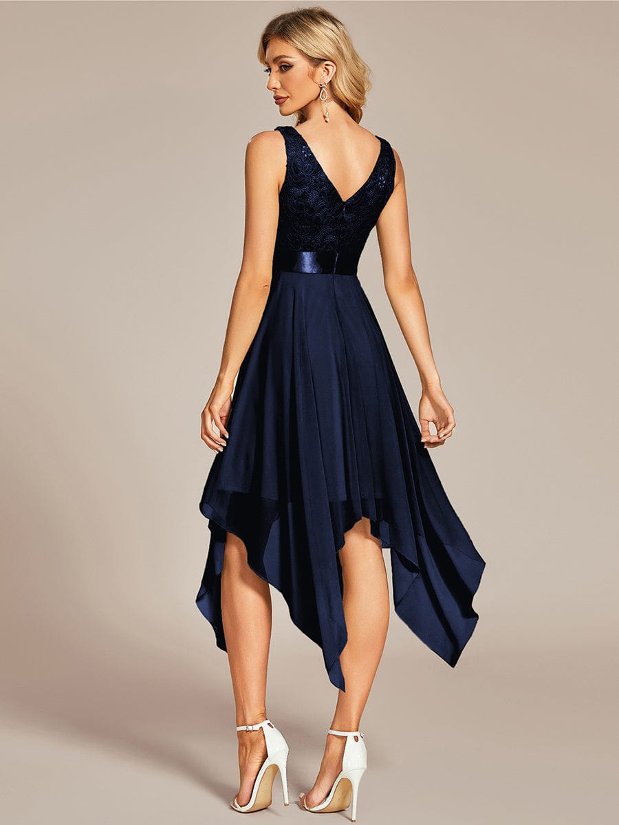 Stunning V Neck Lace Asymmetrical Hems Dress for Women #color_Navy Blue