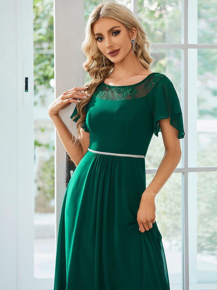 Chiffon Ruffle Sleeves Asymmetrical Hem Mother of the Bride Dress #color_Dark Green