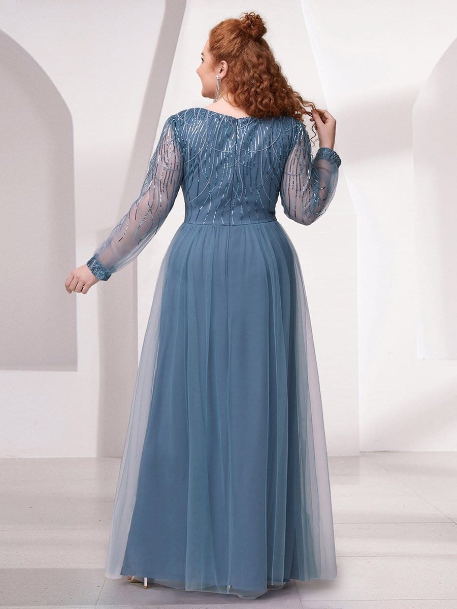 Custom Size Sequin Bodice Sheer Long Sleeves Maxi Evening Dress #color_Green Bean Custom Size Sequin Bodice Sheer Long Sleeves Maxi Evening Dress