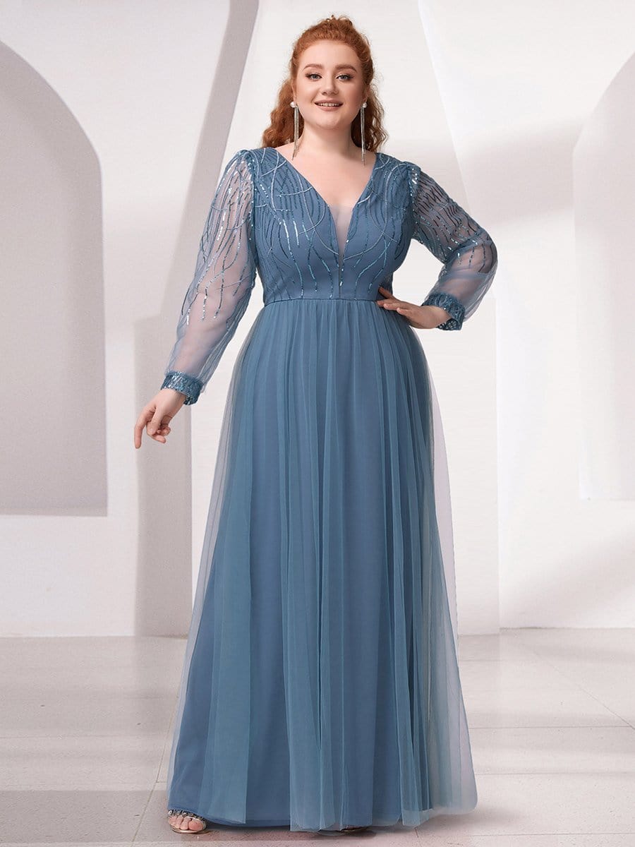 Custom Size Sequin Bodice Sheer Long Sleeves Maxi Formal Evening Dress