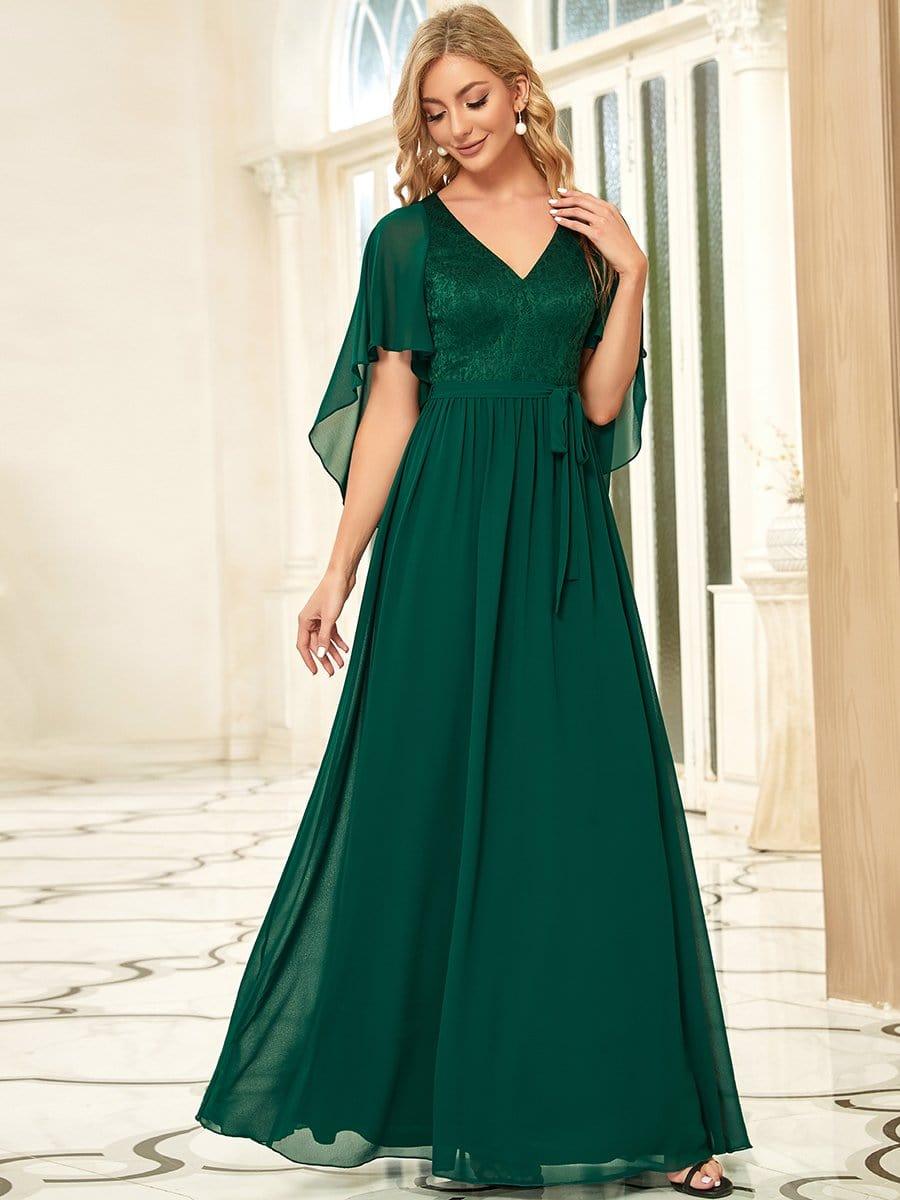 Deep V Neck Lace Bodice Long Flowy Evening Dress #color_Dark Green