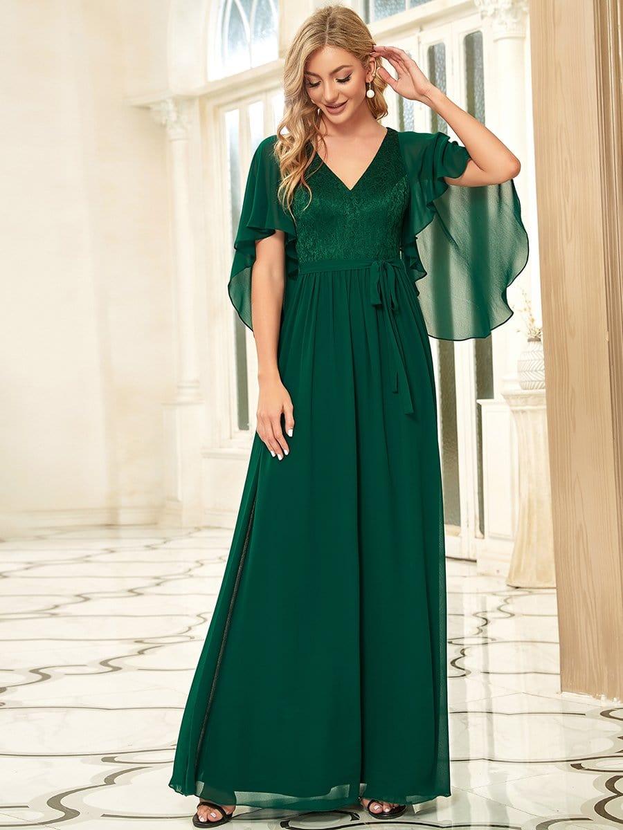 Deep V Neck Lace Bodice Long Flowy Evening Dress #color_Dark Green