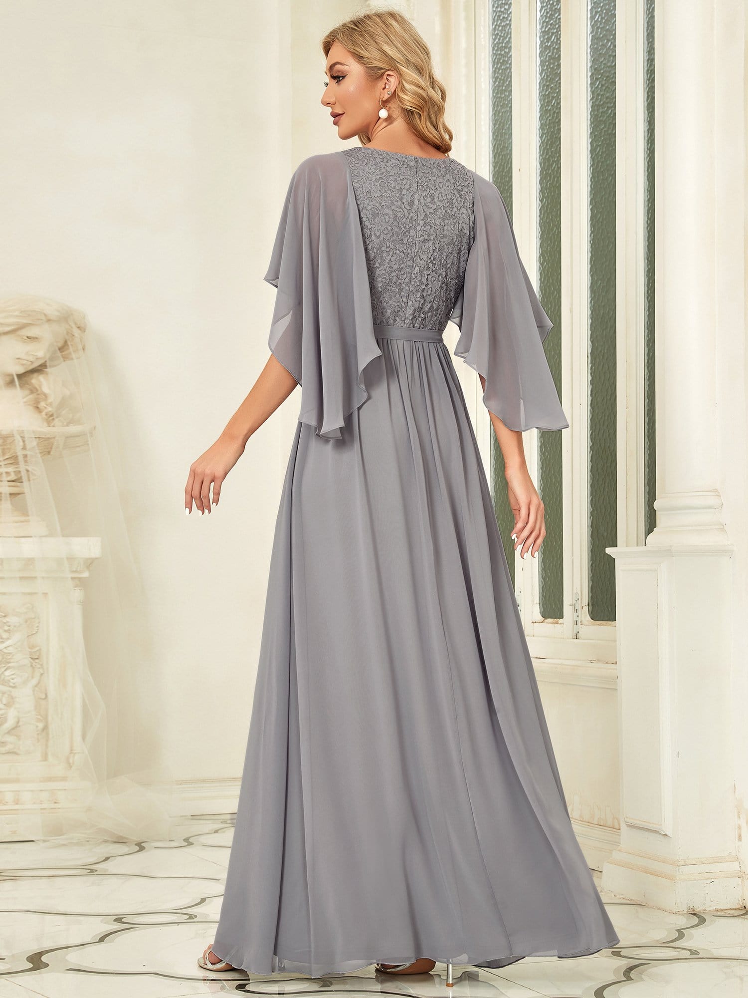 Deep V Neck Lace Bodice Long Flowy Evening Dress #color_Grey 