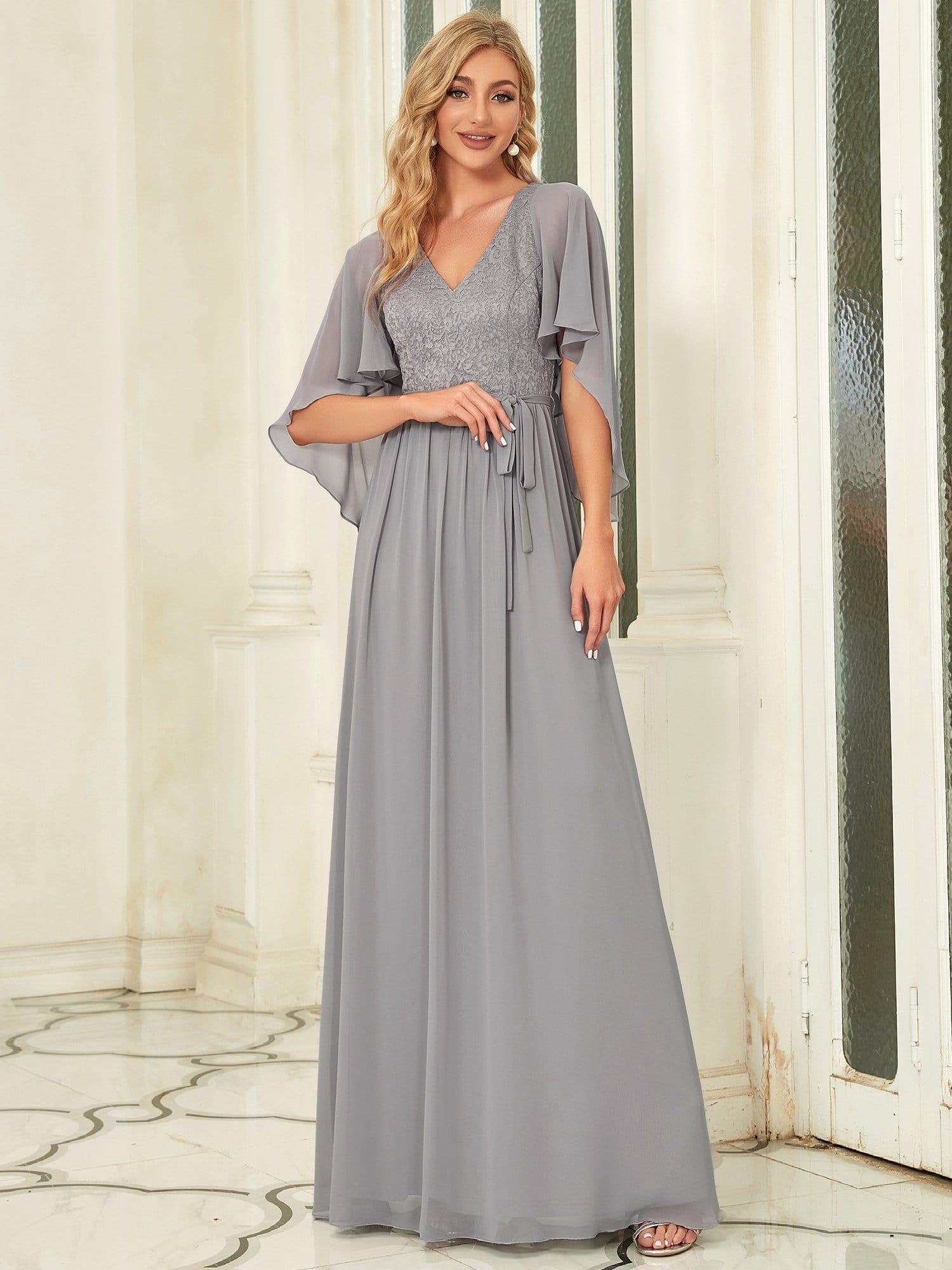 Deep V Neck Lace Bodice Long Flowy Evening Dress #color_Grey