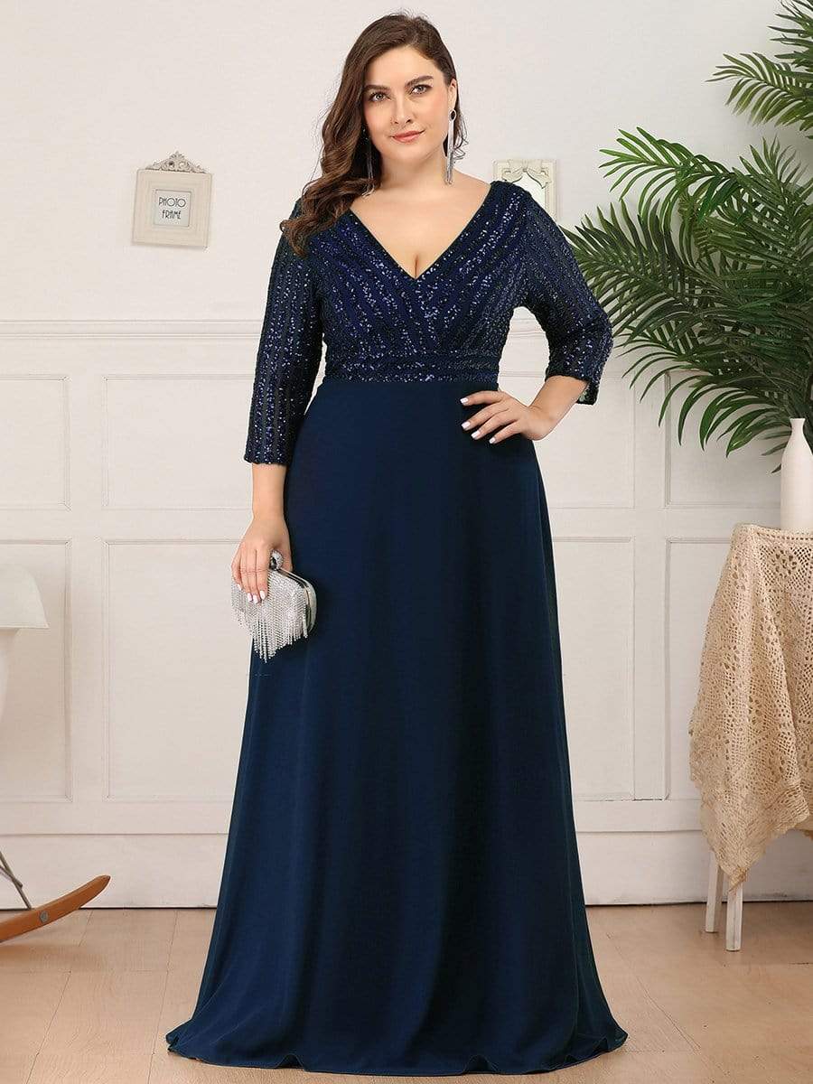 Plus Size V Neck A-Line Sequin Formal Evening Dress with Sleeve #color_Navy Blue