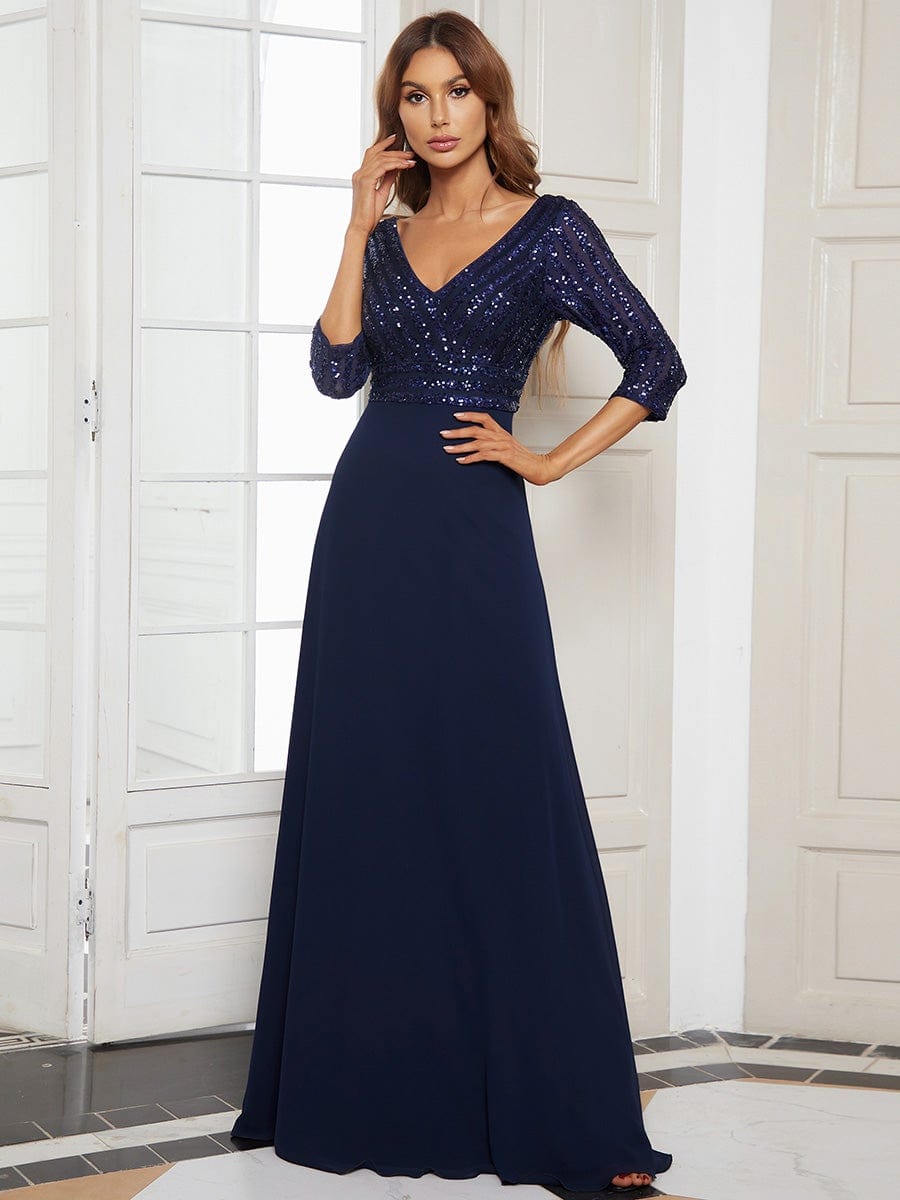 Sexy V Neck Sequin Evening Dresses with 3/4 Sleeve #color_Navy Blue 