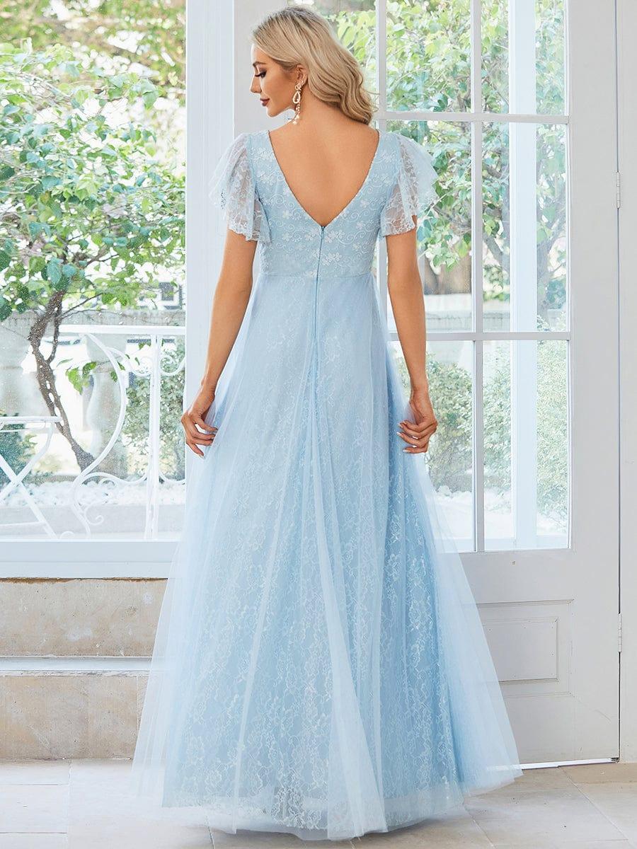 Double V Neck Long Lace Evening Dress with Ruffle Sleeves #color_Sky Blue