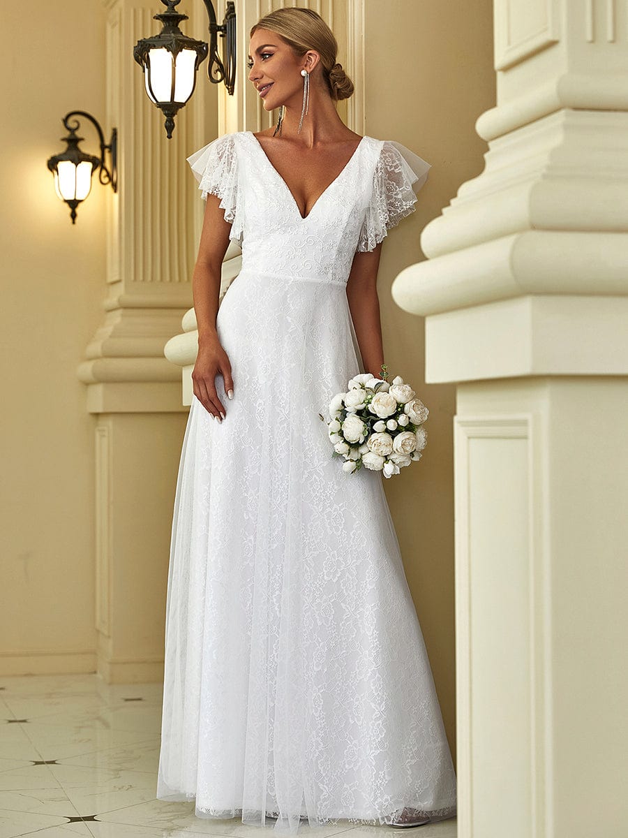 Simple Wedding Dress Chiffon V-Neck Short Sleeves Backless A-Line