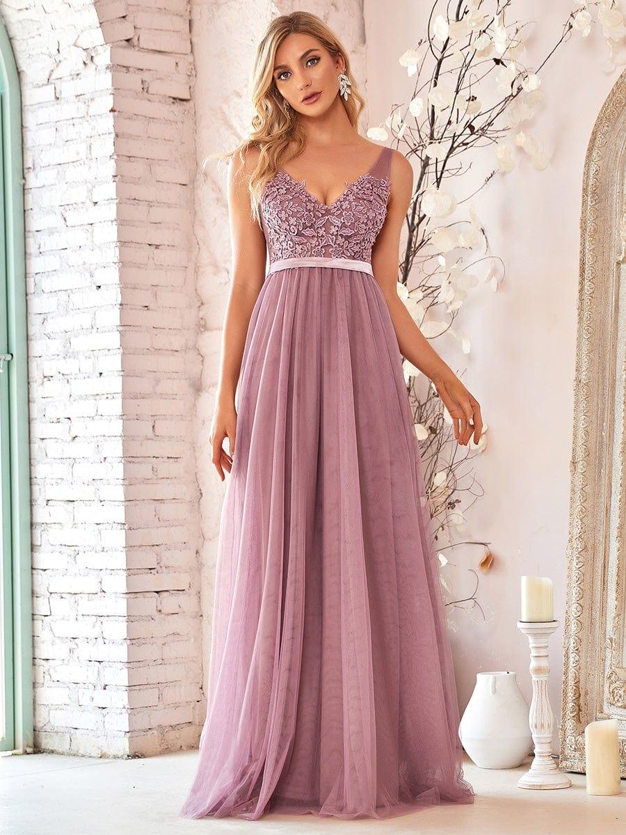 Soft Spaghetti Straps V-Neck Embroidery Evening Dress #color_Purple Orchid
