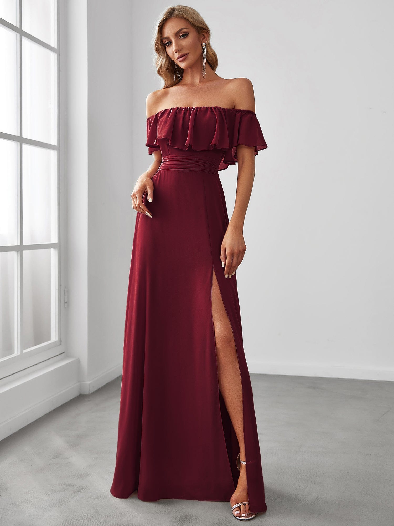 Off the Shoulder Split Burgundy Dress - Ever-Pretty US