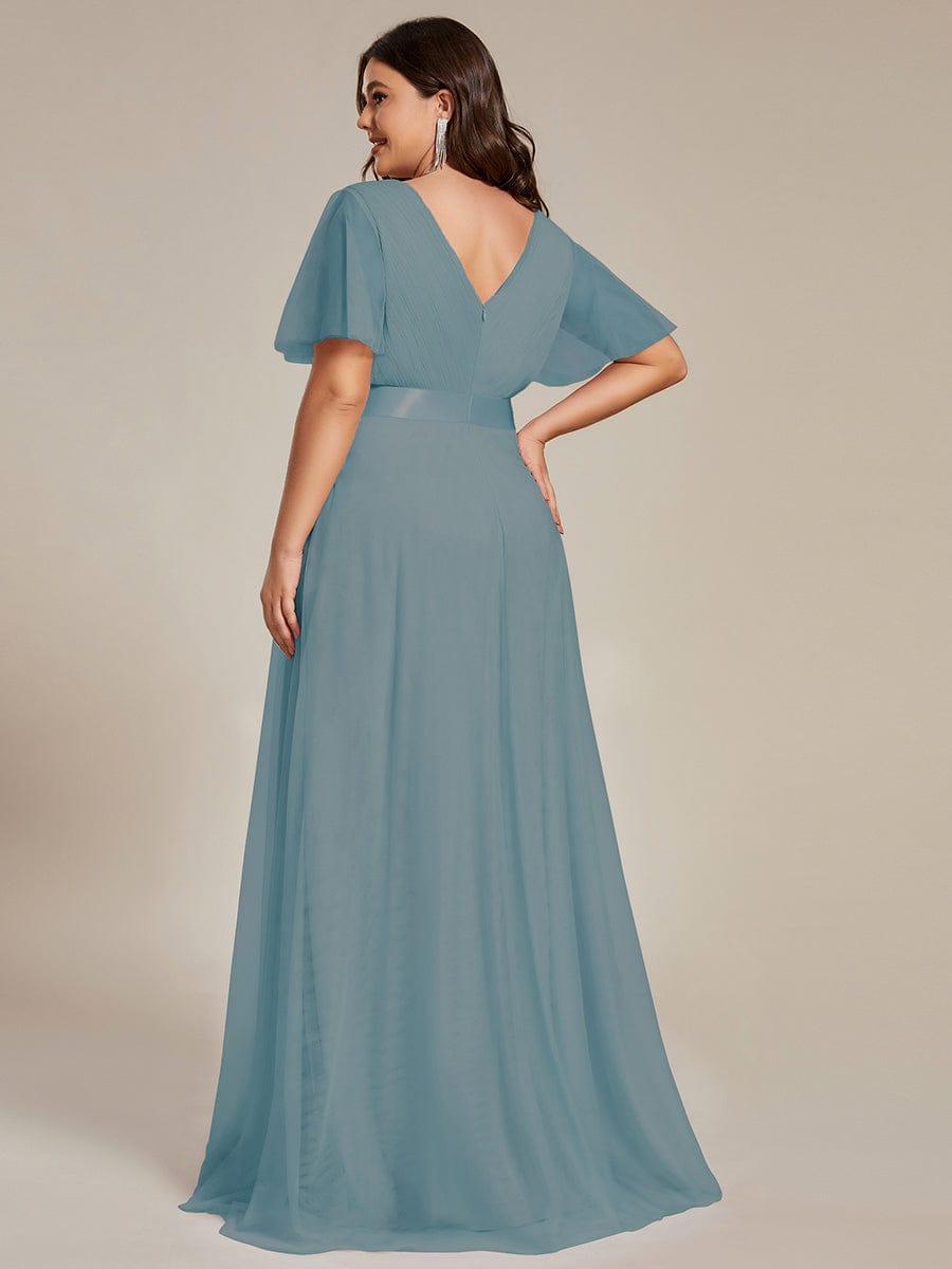 Double V-Neck Floor-Length Short Sleeve Tulle Bridesmaid Dresses #color_Light Teal