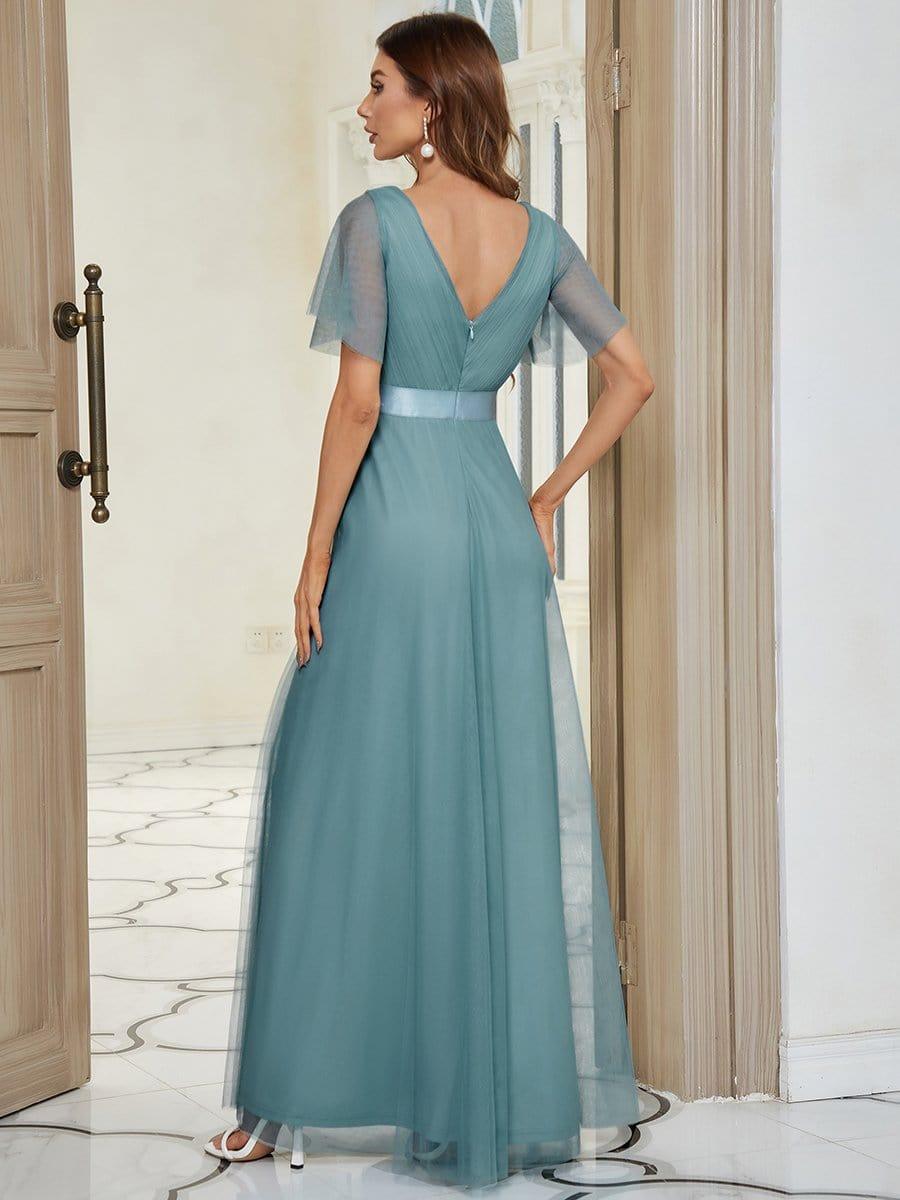 Double V-Neck Floor-Length Short Sleeve Tulle Bridesmaid Dresses #color_Light Teal