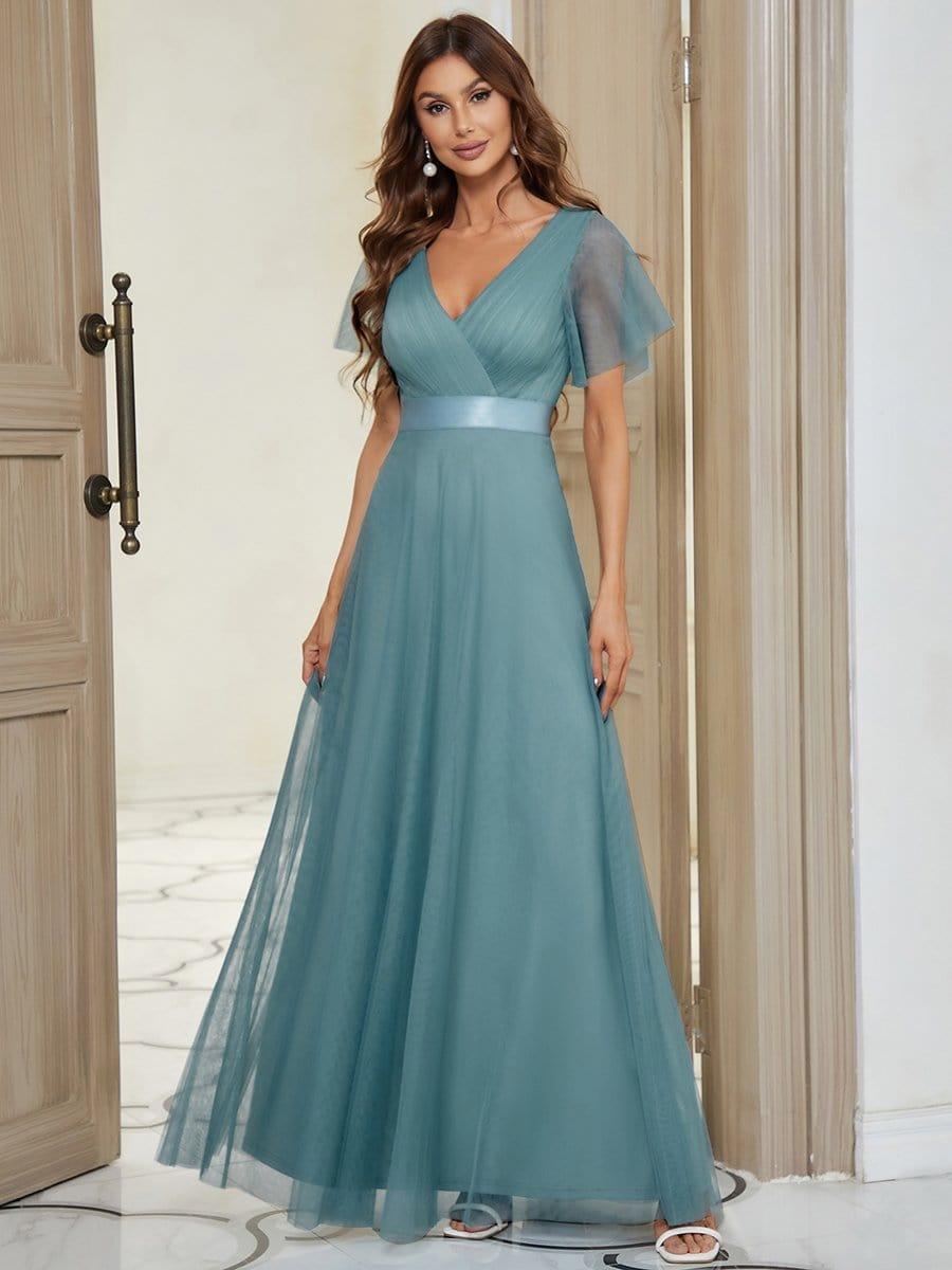 Double V-Neck Floor-Length Short Sleeve Tulle Bridesmaid Dresses #color_Light Teal
