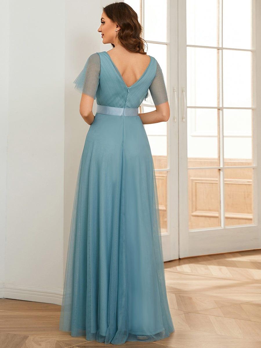 Double V-Neck Floor-Length Short Sleeve Tulle Bridesmaid Dresses #color_Light Teal