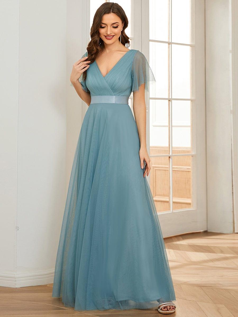 Double V-Neck Floor-Length Short Sleeve Tulle Bridesmaid Dresses #color_Light Teal