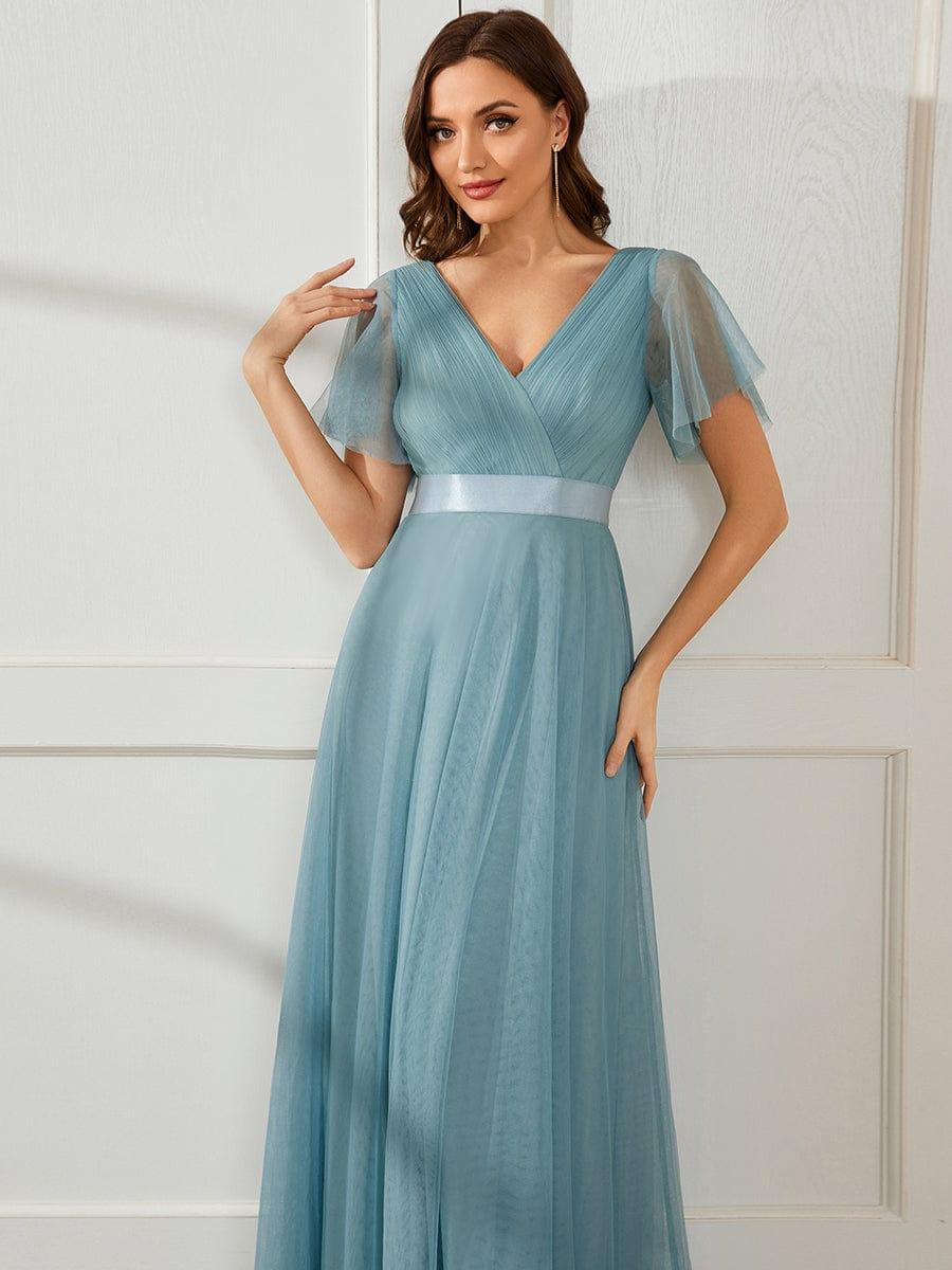 Double V-Neck Floor-Length Short Sleeve Tulle Bridesmaid Dresses #color_Light Teal