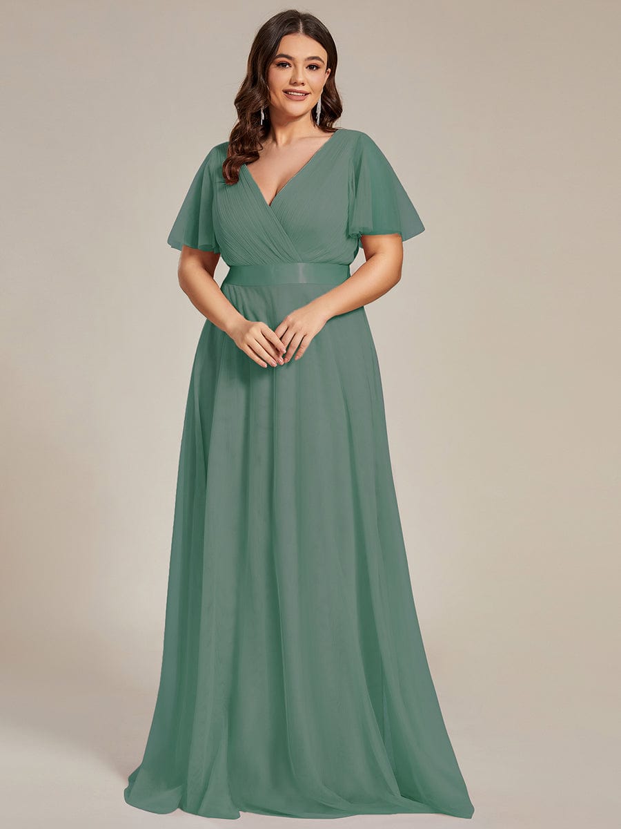 Women's Floor-Length Plus Size Formal Bridesmaid Dress with Short Sleeve #color_Green Bean