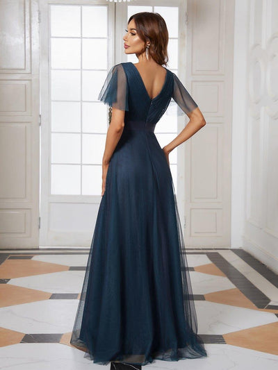 ever MISTE|Double V-Neck Floor-Length Short Sleeve Tulle Bridesmaid Dresses