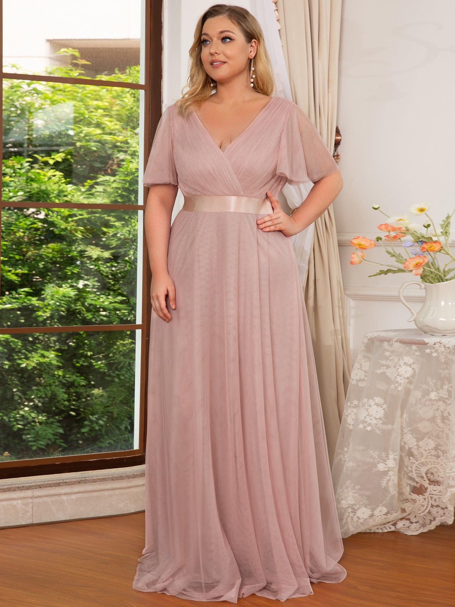 Women's Floor-Length Plus Size Formal Bridesmaid Dress with Short Sleeve #color_Pink