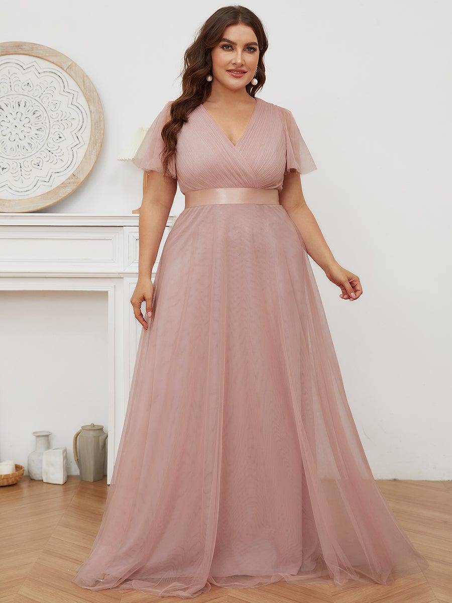 Women's Floor-Length Plus Size Formal Bridesmaid Dress with Short Sleeve #color_Pink