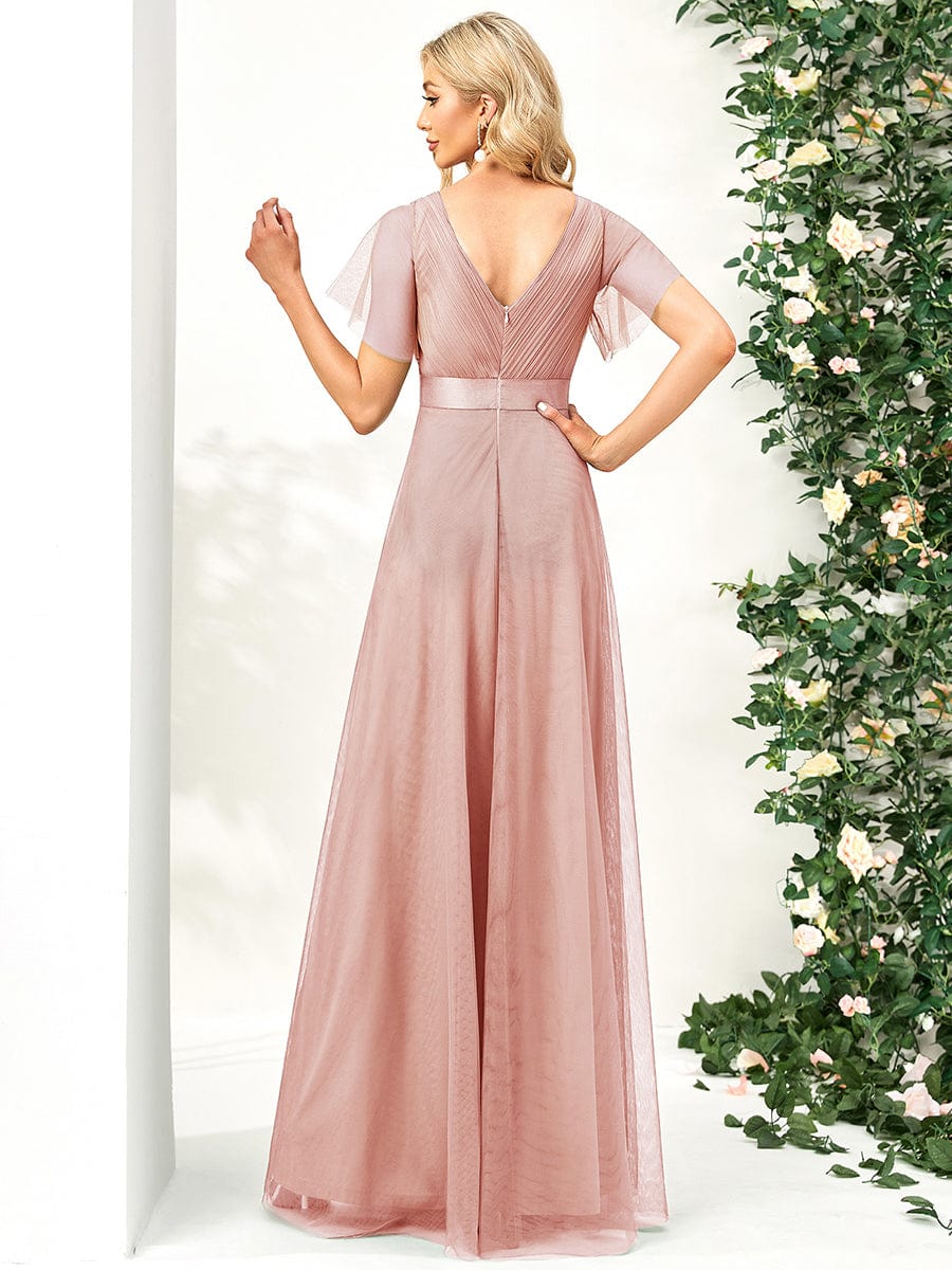 Double V-Neck Floor-Length Short Sleeve Tulle Bridesmaid Dresses #color_Pink
