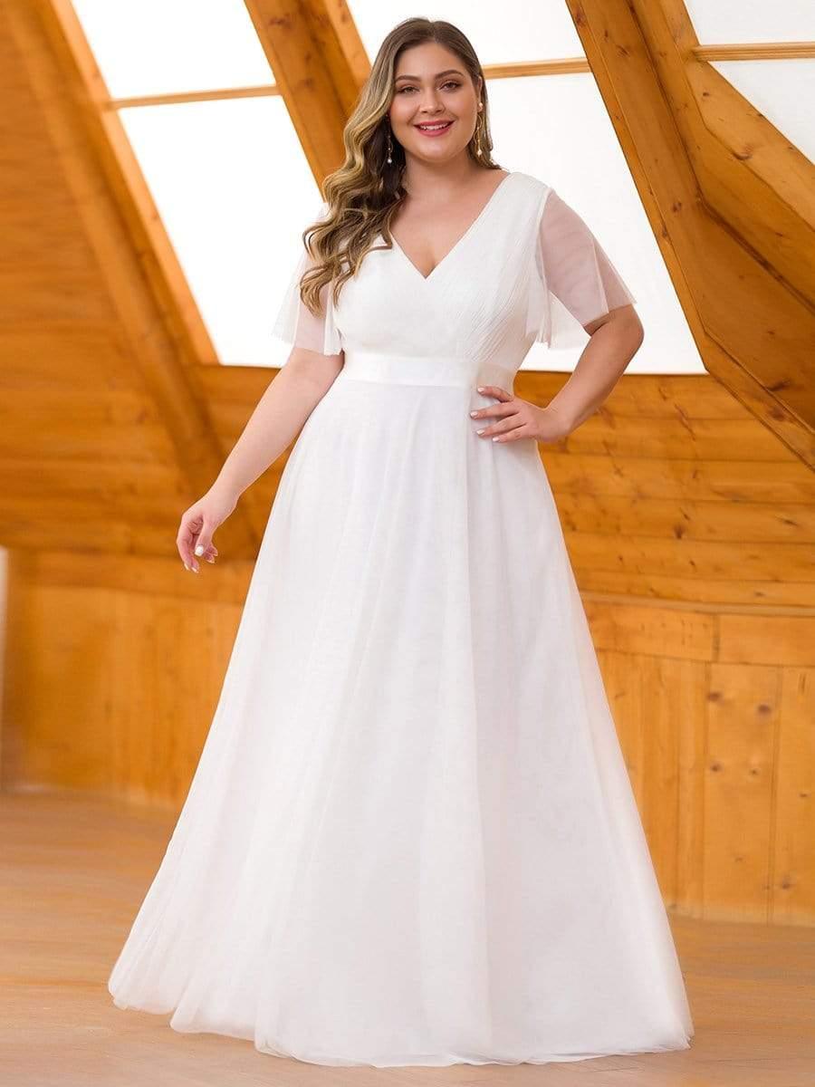 Women's Floor-Length Plus Size Formal Bridesmaid Dress with Short Sleeve #color_White