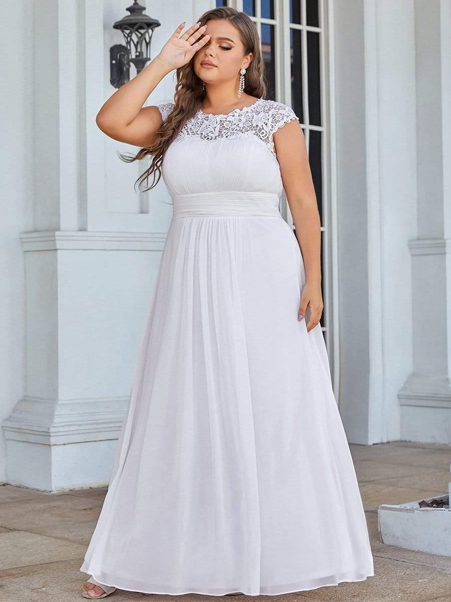 Plus Size Elegant Maxi Long Lace Cap Sleeve Bridesmaid Dress #color_White