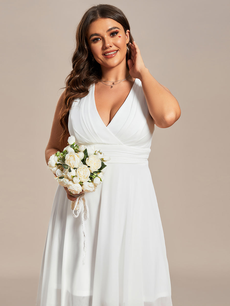 Plus Size Double V Neck Ruched-Waist Midi Chiffon Bridesmaid Dress #color_Cream
