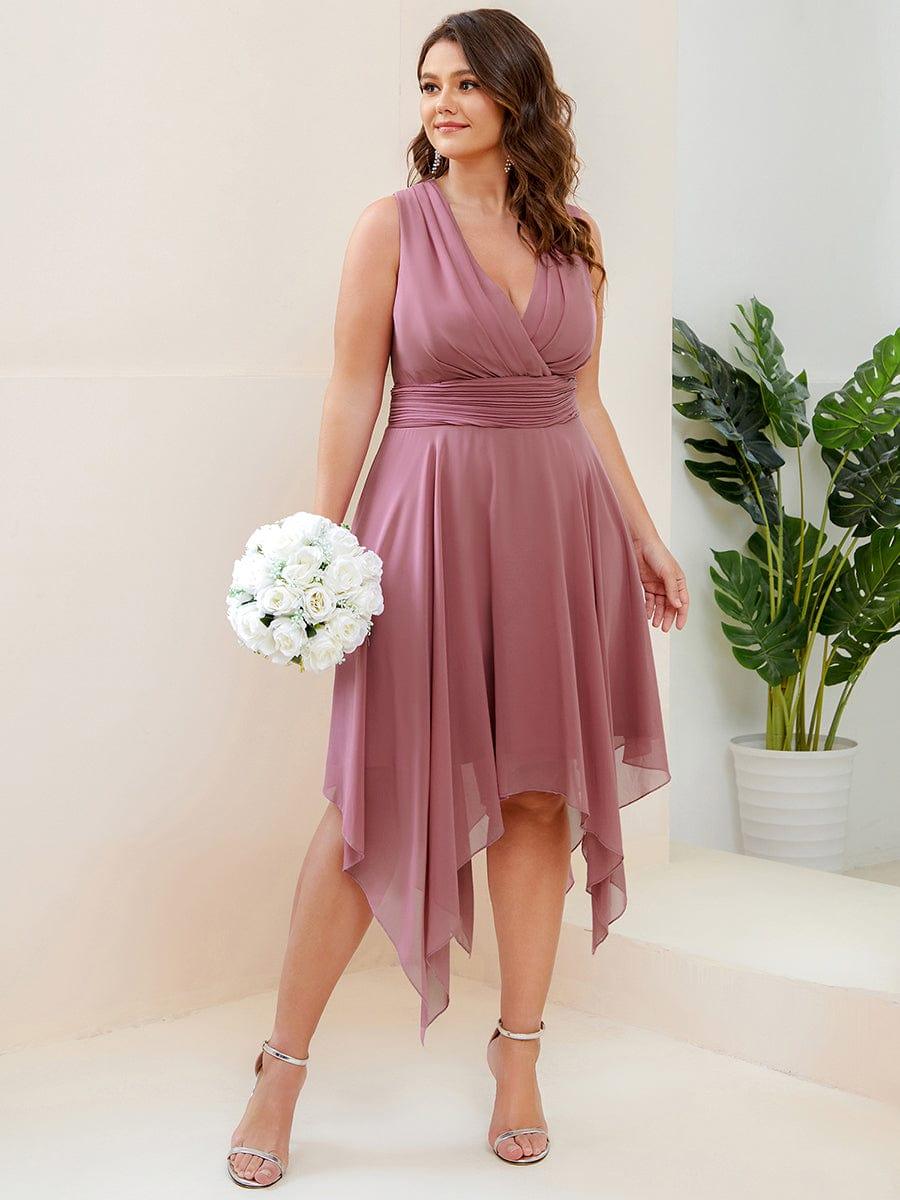 Hot V Neck Ruched Asymmetrical Hems Midi Chiffon Bridesmaid Dress #color_Purple Orchid