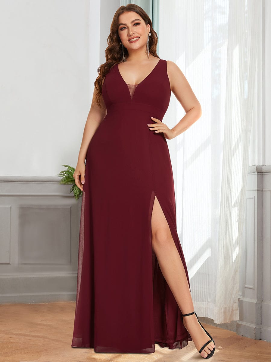 Bow Tie Backless Chiffon High Slit Bridesmaid Dress #color_Burgundy Plus Size Bow Tie Backless Chiffon High Slit Bridesmaid Dress