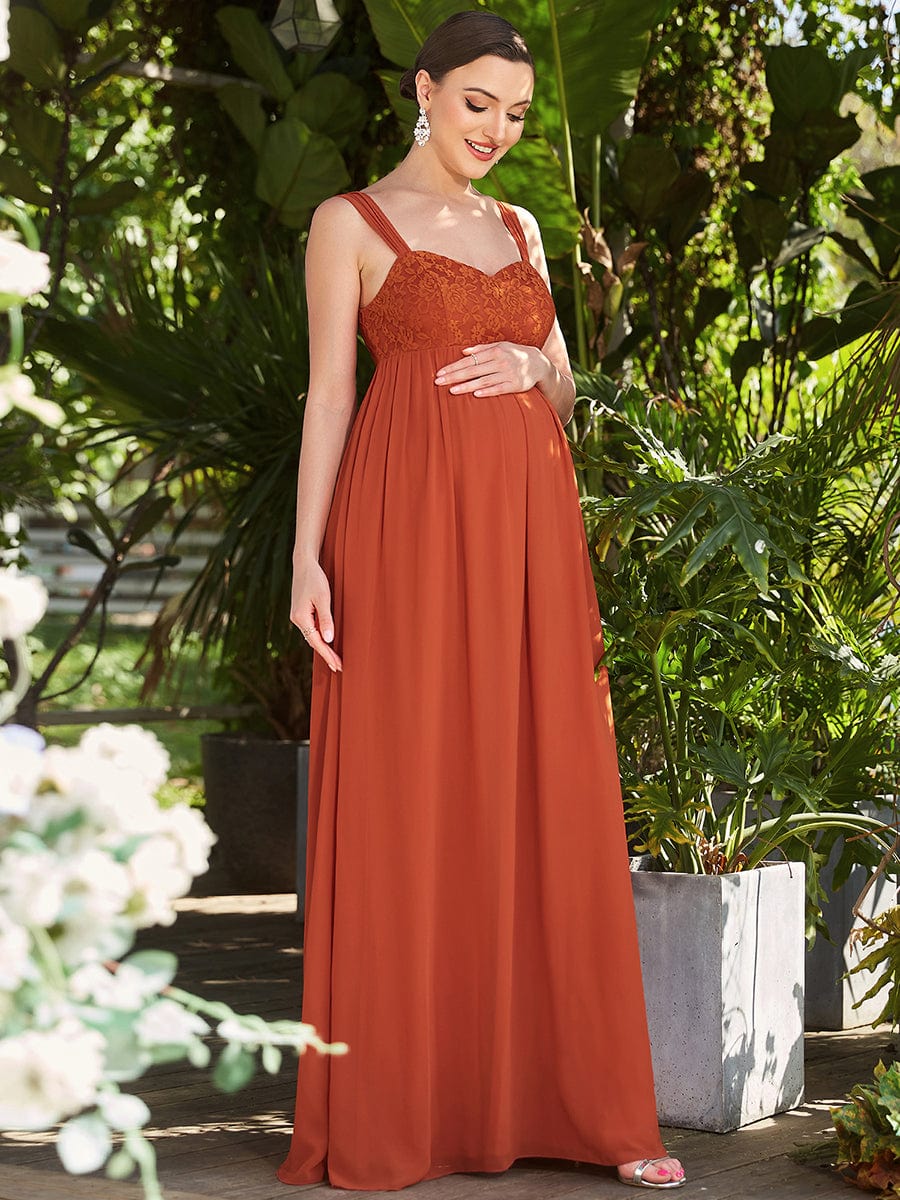 Empire Waist Floral Lace Chiffon Bump Friendly Dress #color_Burnt Orange Empire Waist Floral Lace Chiffon Maternity Dress