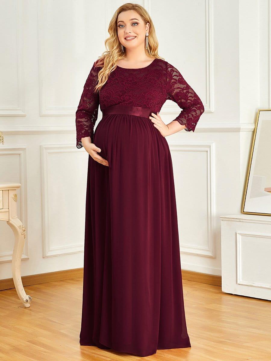 Plus Size Long Lace Sleeve Maternity Formal Dresses #color_Burgundy