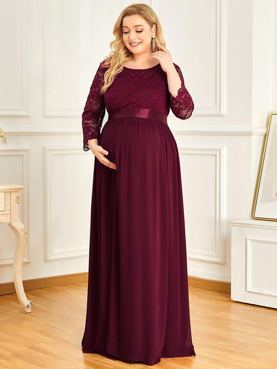Plus Size Long Lace Sleeve Maternity Formal Dresses #color_Burgundy