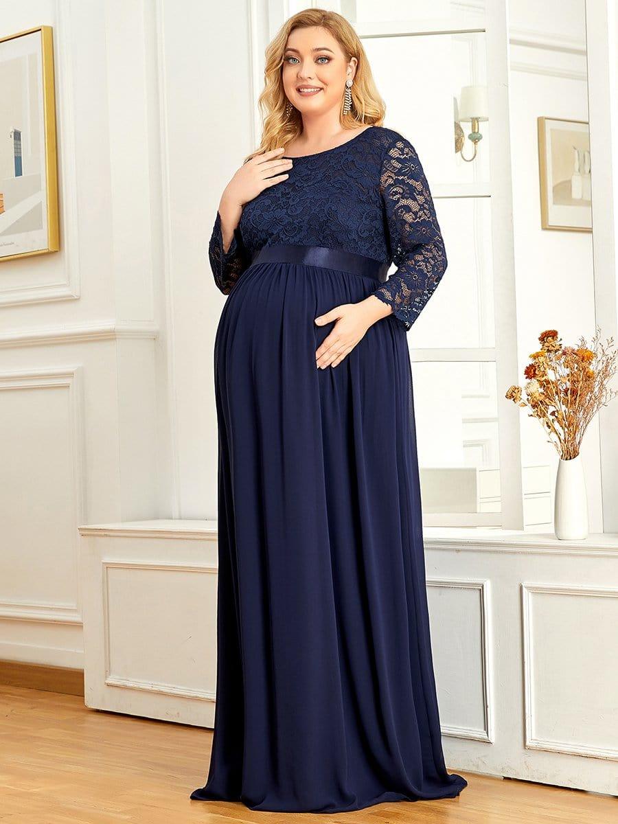 Plus Size Long Lace Sleeve Maternity Formal Dresses #color_Navy Blue