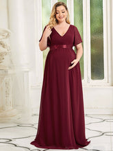 Plus Size Floral Print V-Neck Short Sleeve Ruffle Bump Friendly Dress #color_Burgundy